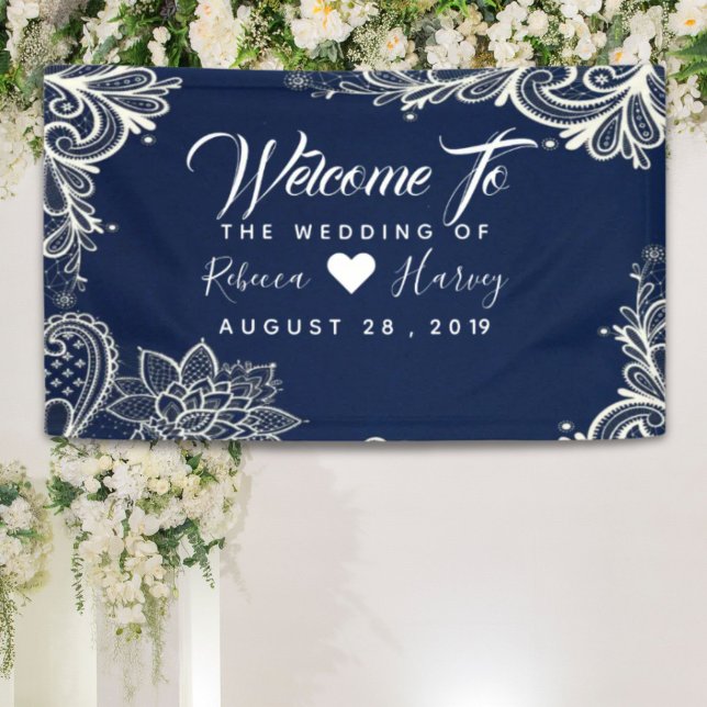 Banderoles marine blanche dentelle marine bleu mariage (nautical white lace navy blue wedding banner)