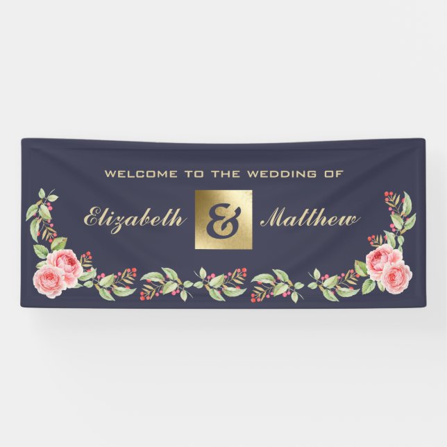 Banderoles Marine Bleu Aquarelle Floral Personnalisé Mariage (Horizontal)