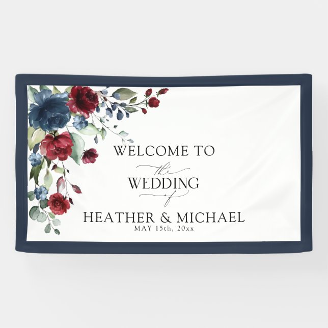 Banderoles Marine Bleu Bourgogne Floral Aquarelle Bienvenue (Horizontal)