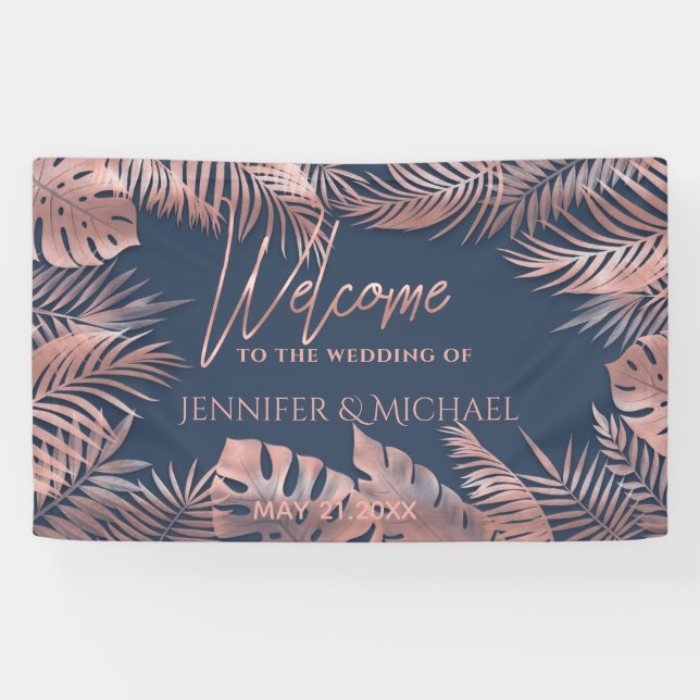 Banderoles Marine bleu rose feuille d'or tropical feuilles ro (Horizontal)