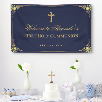 Banderoles Marine Blue Boy Première communion Faux Gold Vinta