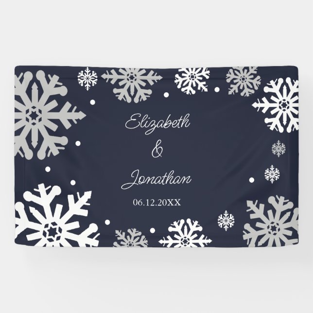 Banderoles Marine Blue Snowflakes Mariage d'hiver (Horizontal)