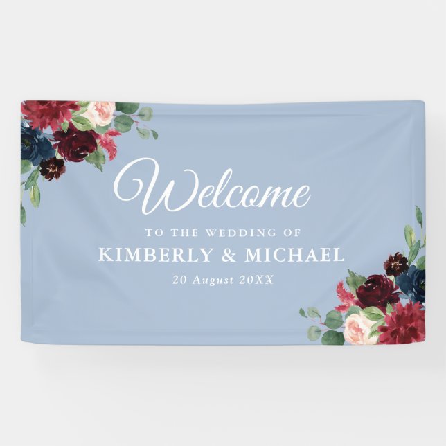 Banderoles marine et floral roux bleu foncé accueil mariage (Horizontal)