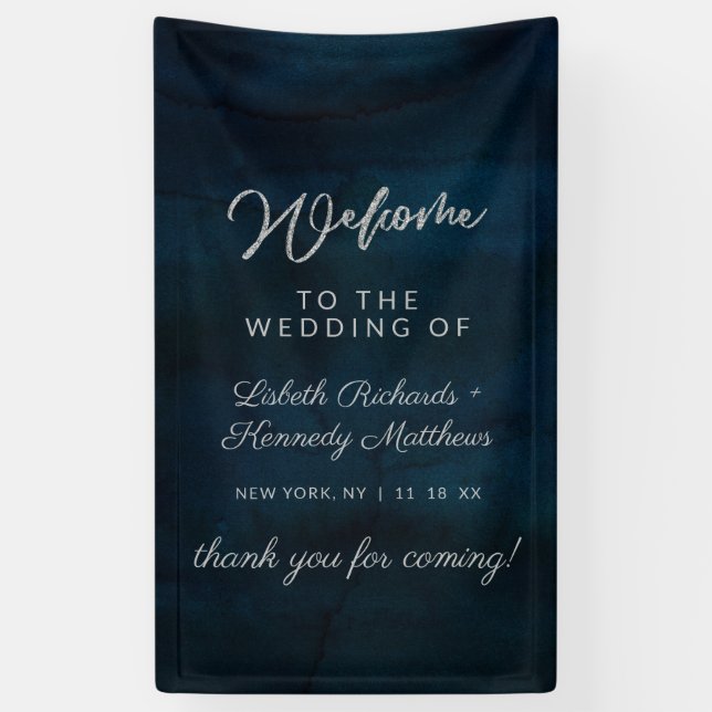 Banderoles Marine Luster Silver Blue Aquarelle Mariage Bienve (Vertical)