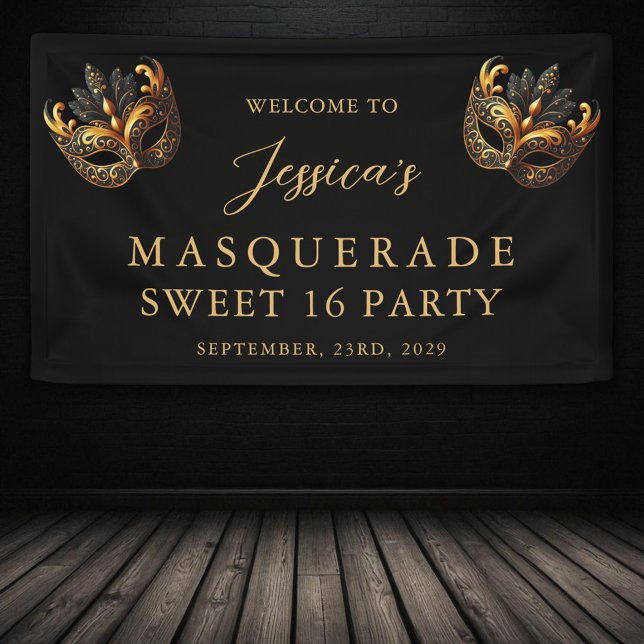 Banderoles Masquerade Black Gold Sweet 16 Birthday Welcome (Créateur téléchargé)