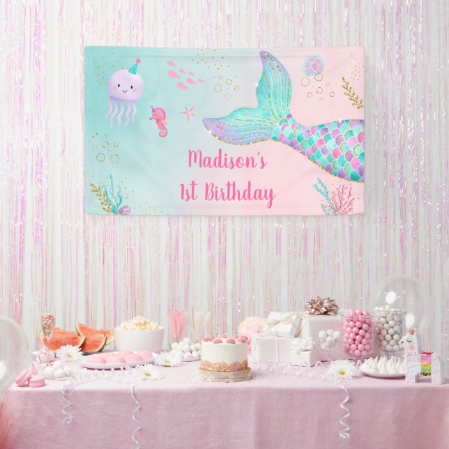 Banderoles Mermaid Pink Gold Sous La Mer Anniversaire (Fête)