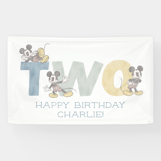 Banderoles Mickey Mouse aquarelle deuxième anniversaire (Horizontal)