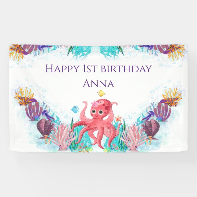 Banderoles Mignonne mer Octopus coloré Joyeux anniversaire (Horizontal)