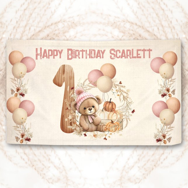 Banderoles Mignonne ours en peluche Automne Fille Béaire rose (Cute Teddy Bear Fall Girl Pink Beary 1st Birthday Banner)