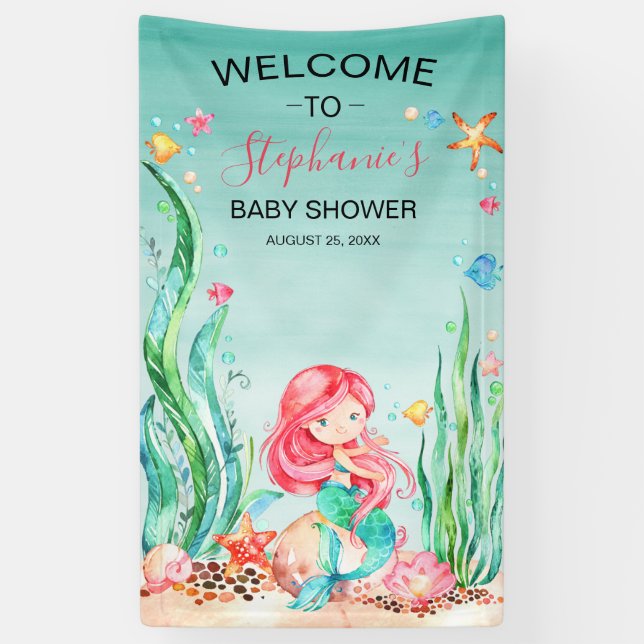 Banderoles Mignonne sirène d'aquarelle sous le Baby shower ma (Vertical)