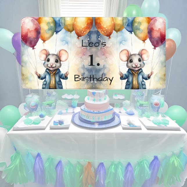 Banderoles Mignonne souris avec ballons colorés, personnalisa (Créateur téléchargé)
