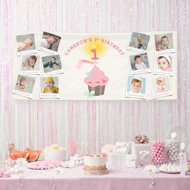 Banderoles Miss Pink Cupcake 12 Photo Girl 1st Birthday Party (Fête)