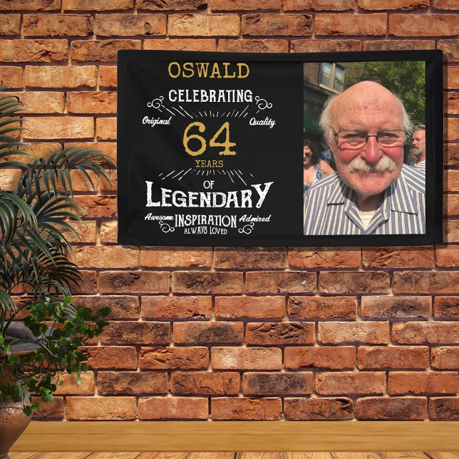 Banderoles Modèle photo personnalisé papa anniversaire légend (Birthday wall banner in black and gold. Photo template and personalized text.)