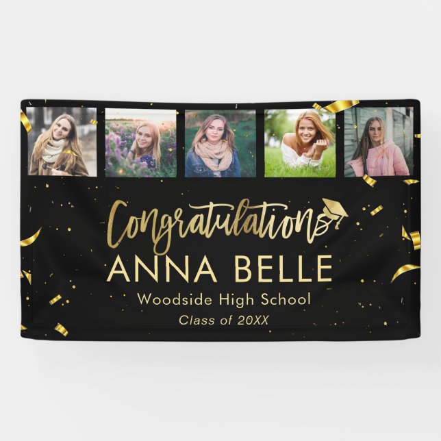 Banderoles Moderne Chic Gold Script Photo Collage Graduation (Horizontal)