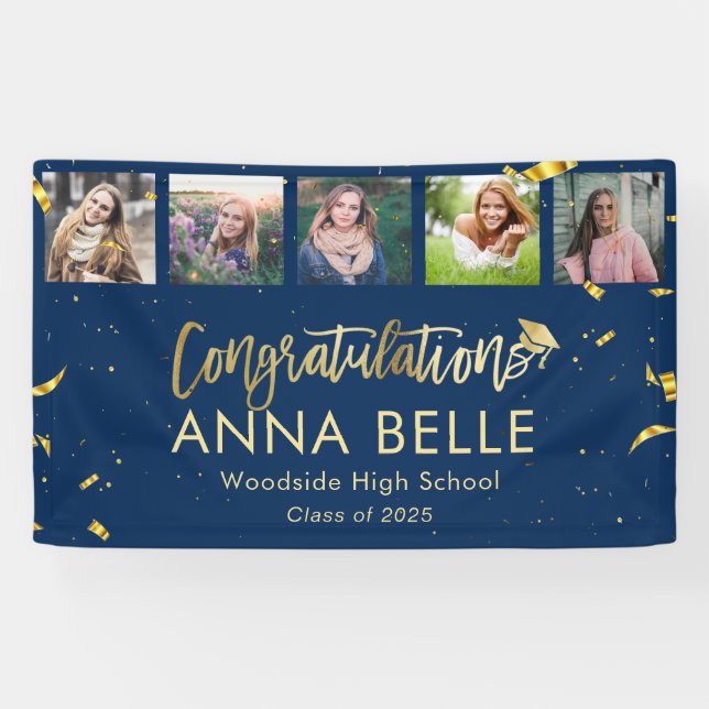 Banderoles Moderne Chic Gold Script Photo Collage Graduation (Horizontal)