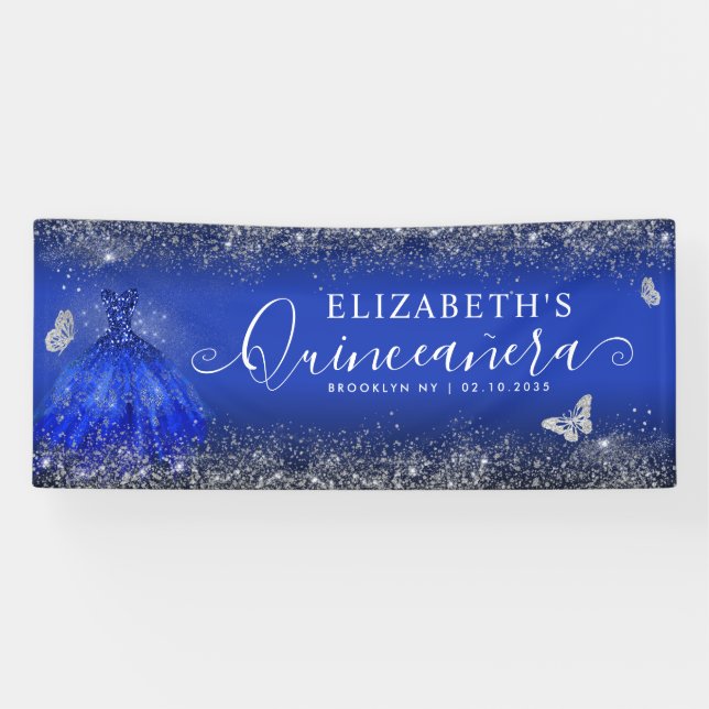 Banderoles Moderne Royal Blue Silver Gown Quinceañera Bienven (Horizontal)