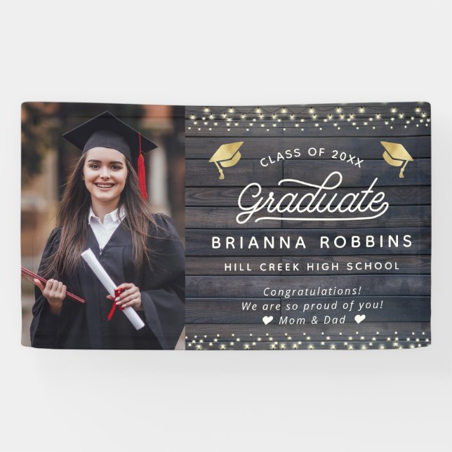 Banderoles Moderne Rustique Script Gold Graduation Photo Bois (Horizontal)