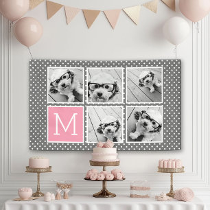Banderoles Monogramme Collage Photo 5 Gris et Rose