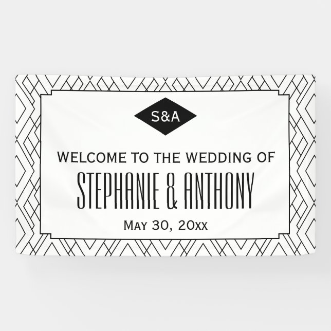 Banderoles Monogramme Mariage Art déco noir et blanc (Horizontal)