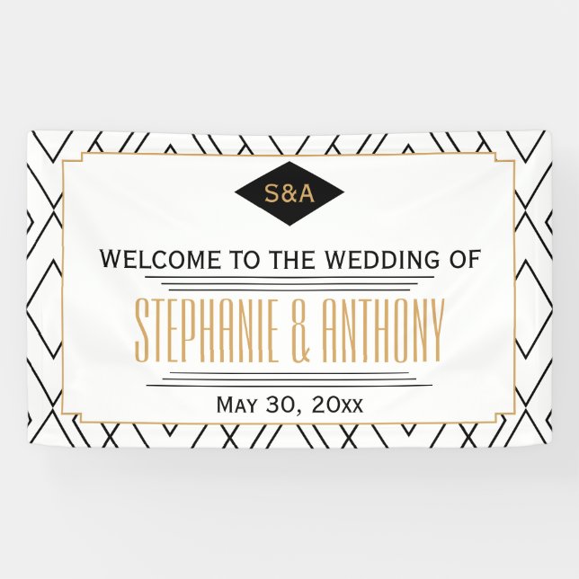 Banderoles Monogramme Noir, Or, Blanc Art Déco Mariage (Horizontal)