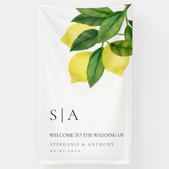 Banderoles Monogrammes Citron Branche de Citrus Mariage Végét (Vertical)