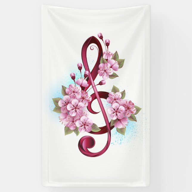 Banderoles Musical treble clef notes with sakura flowers (Vertical)