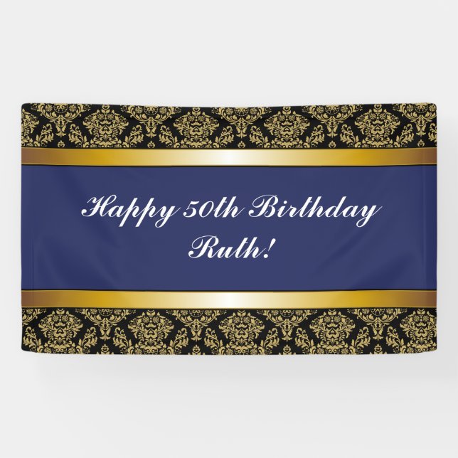 Banderoles Navy Blue Any Age Gold Damask Anniversaire Banner (Horizontal)