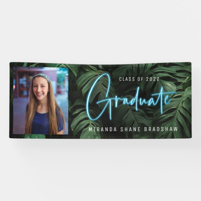 Banderoles Neon Blue Graduate Tropical Feuilles Photo (Horizontal)