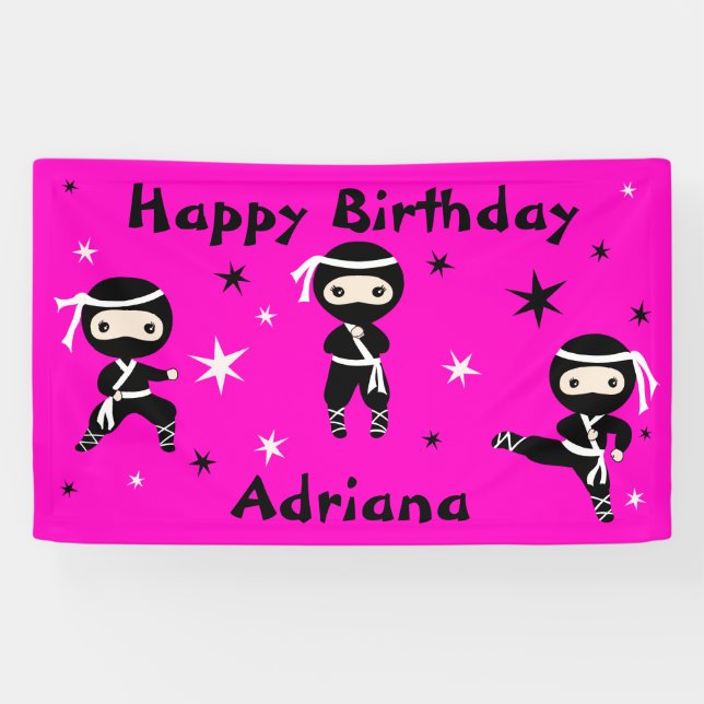 Banderoles Ninja Filles guerrières rose fête d'anniversaire (Horizontal)