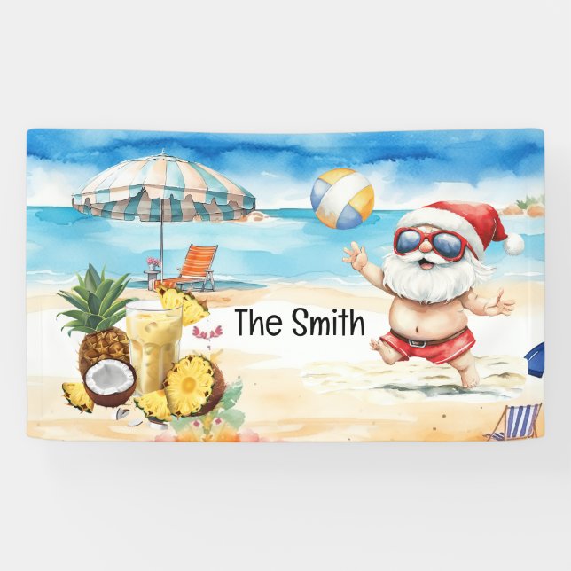 Banderoles Noël d'été en juillet Le Père Noël sur la plage (Horizontal)
