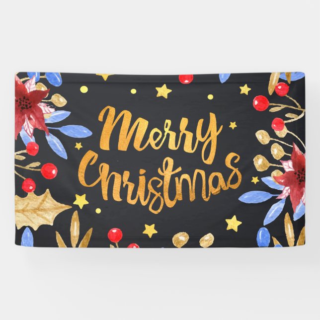 Banderoles Noël d'or lumineux floral d'aquarelle Joyeux (Horizontal)