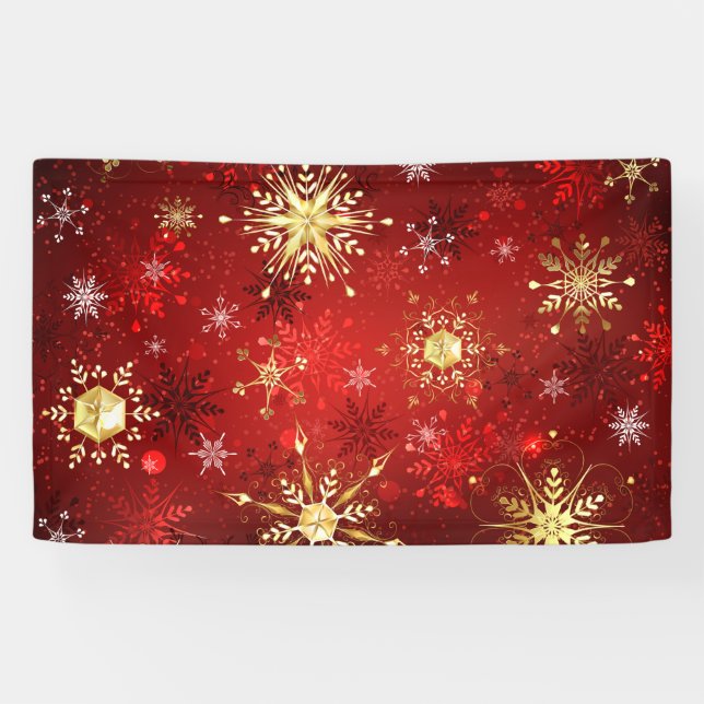Banderoles Noël Golden Snowflakes sur Arrière - plan rouge (Horizontal)
