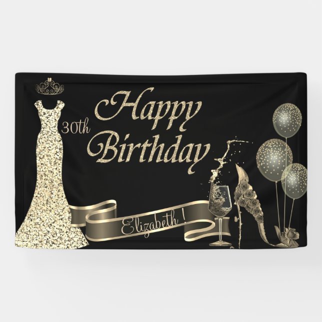 Banderoles Noir, Ballons d'or, Verre, Talon, Robe de Parties  (Horizontal)