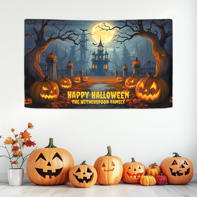 Banderoles Nom de famille Éffrayant Bonne fête d'Halloween (Family Name Spooky Happy Halloween Party Banner)