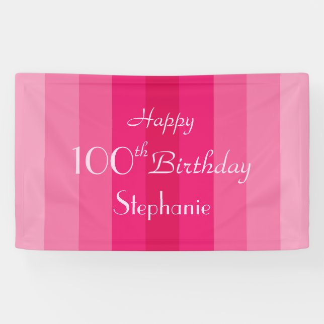 Banderoles Nom personnalisé 100e Anniversaire Pink Stripes (Horizontal)