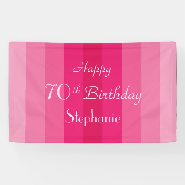 Banderoles Nom personnalisé 70e anniversaire rayures roses (Horizontal)
