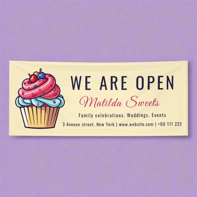 Banderoles Nous sommes ouverts Cute Cupcake Sweets Dessert Ba (Créateur téléchargé)