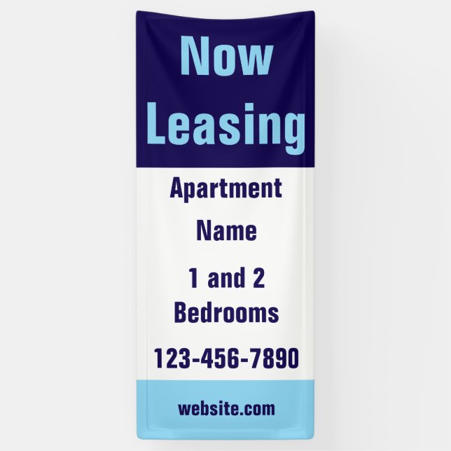 Banderoles Now Leasing Apartment Name Light Dark Blue & White (Vertical)