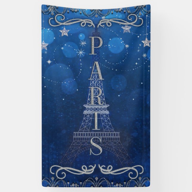 Banderoles Nuit à Paris sous les étoiles Blue Silver Party (Vertical)