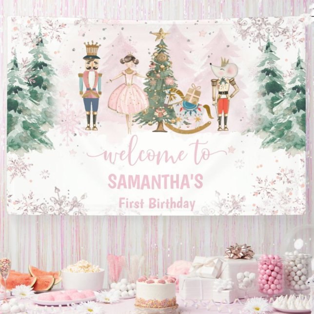 Banderoles Nutcracker Anniversaire Sugar Plum Party (Nutcracker Sugar Plum Fairy pink Christmas winter birthday party banner)