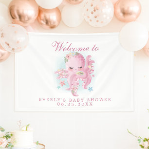 Banderoles Octopus Rose Fille Baby Shower Bienvenue Aquarelle