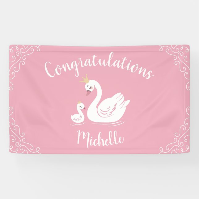 Banderoles Oiseau Baby shower cygne avec thème Couronne rose (Horizontal)