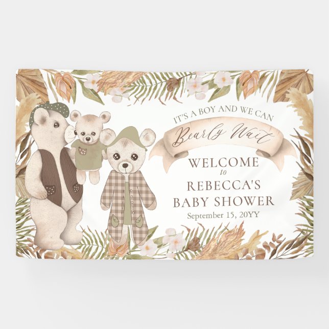 Banderoles On peut attendre Boho Bear Baby shower de famille (Horizontal)