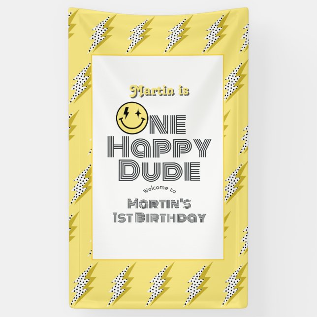 Banderoles "One Happy Dude" Retro 1er anniversaire fête Bienv (Vertical)