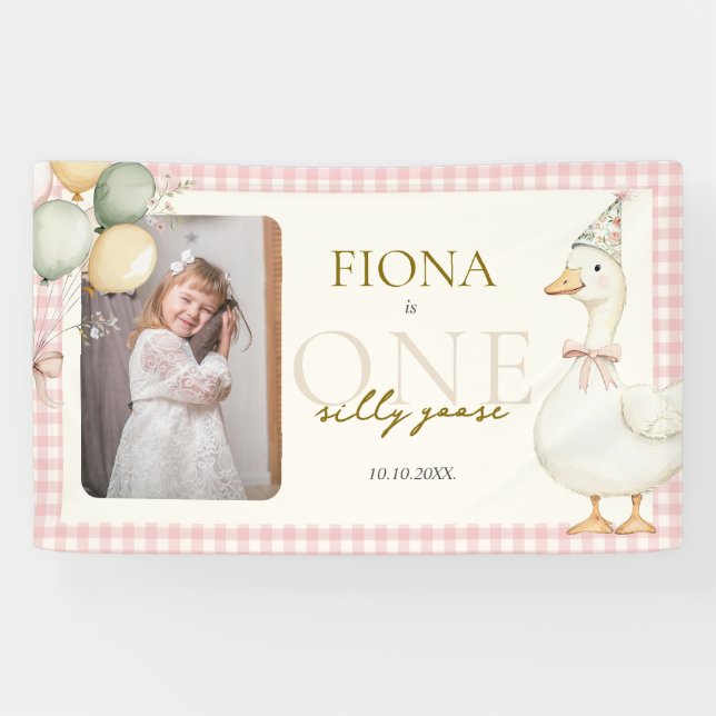 Banderoles One Silly Goose Pink Gingham 1st Birthday Photo (Horizontal)