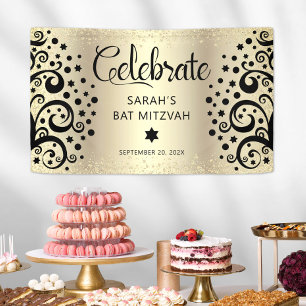 Banderoles Or Noir Feuille de Bat Mitzvah Arbre de Vie Script