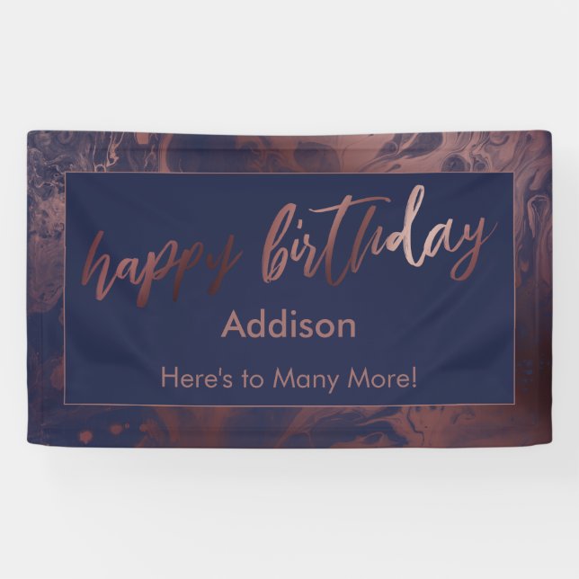 Banderoles Or Rose moderne et marine marbré Joyeux anniversai (Horizontal)