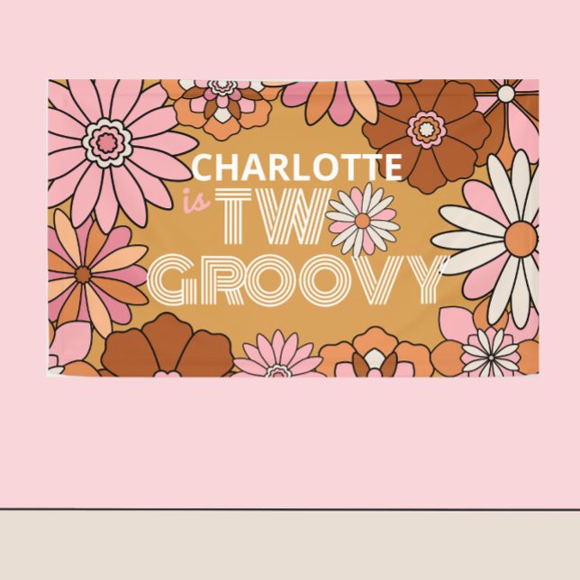 Banderoles Orange rétro et floral rose Deux Anniversaire Supe (Créateur téléchargé)