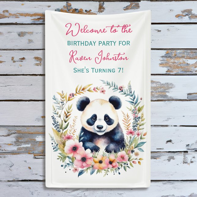 Banderoles Ours de panda en fleurs Anniversaire de la fille (Créateur téléchargé)