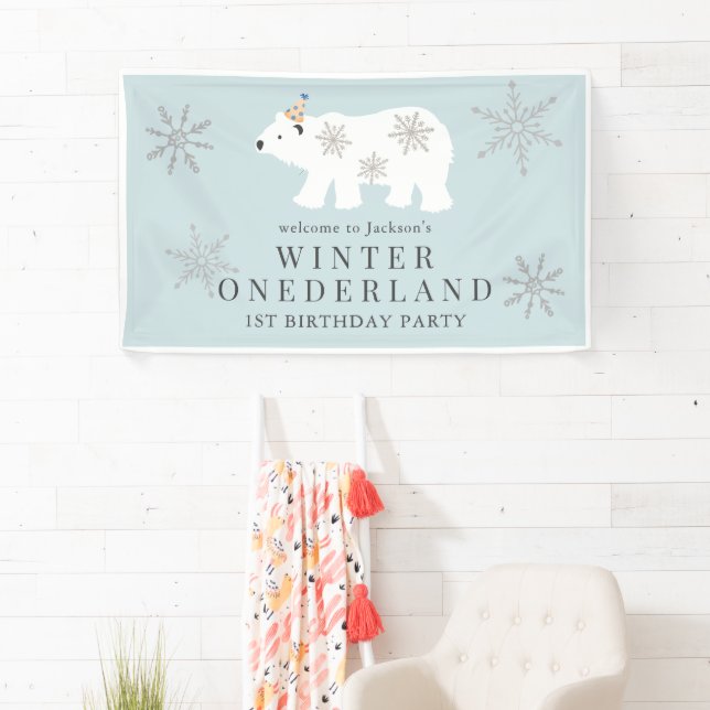 Banderoles Ours polaire Hiver Onederland Bleu 1er anniversair (En situation)